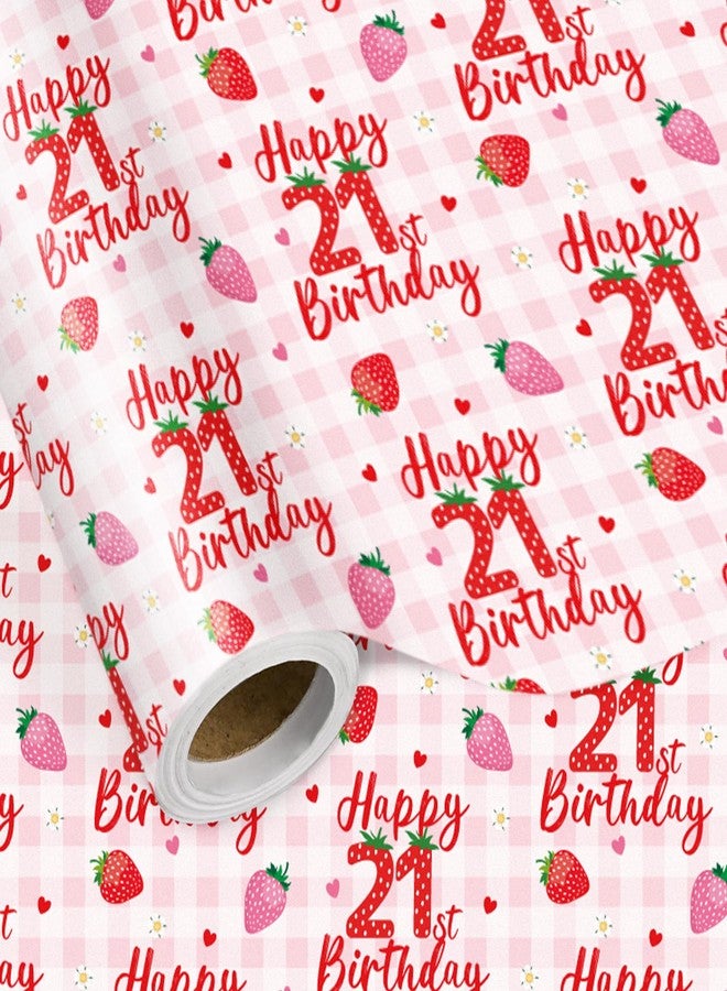 LeZakaa Happy 21st Birthday Wrapping Paper Roll, Strawberry & Pink Gingham Gift Wrap for Woman’s Twenty-First Age21 Birthday Party, Gifts & Celebrations, Mini Roll 17 in x 16.4 Ft - Image 1